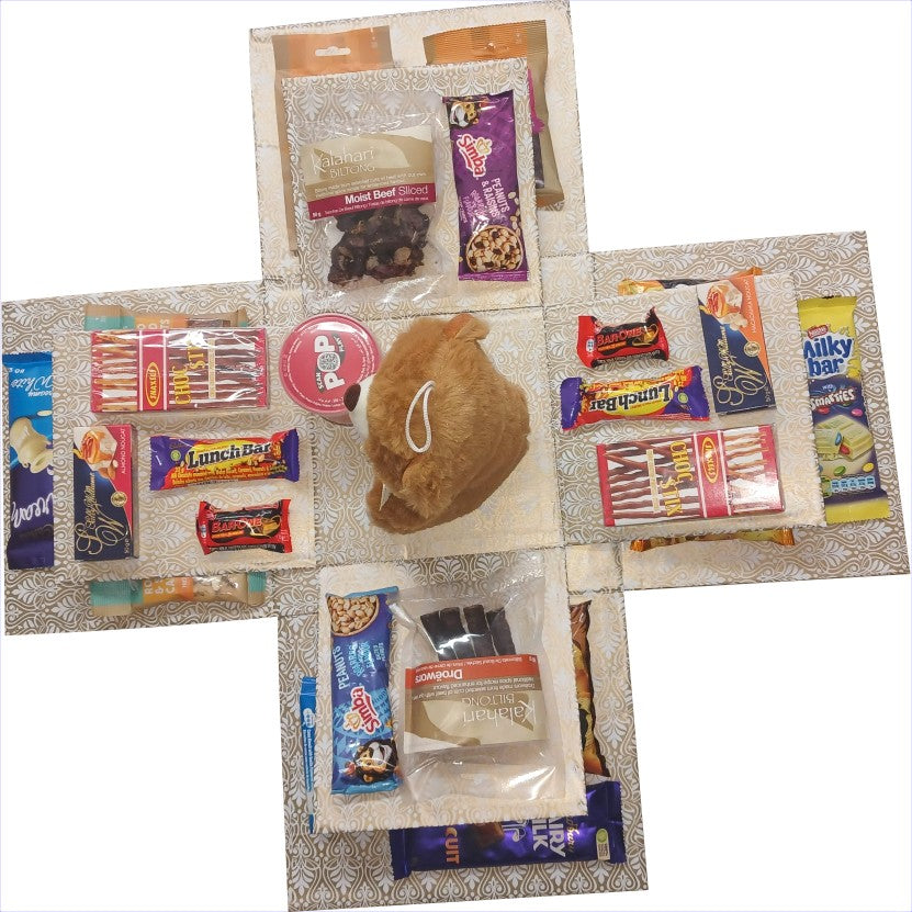 Teddy Treasure Biltong, Snacks & Teddy Explosion Box | Pop-Up Gift Hamper