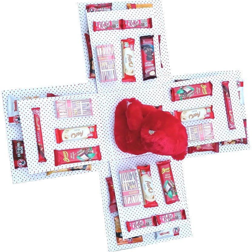 Red Charm | 2-layer Large Teddy & Snack Explosion Box | Gift Hamper