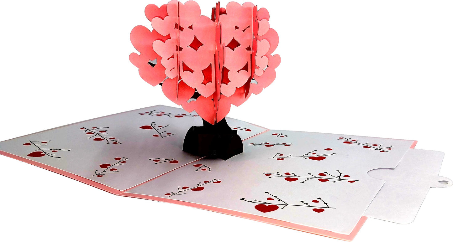 Pink Heart-Shaped Love Tree 3D Pop-Up Greetings Card
