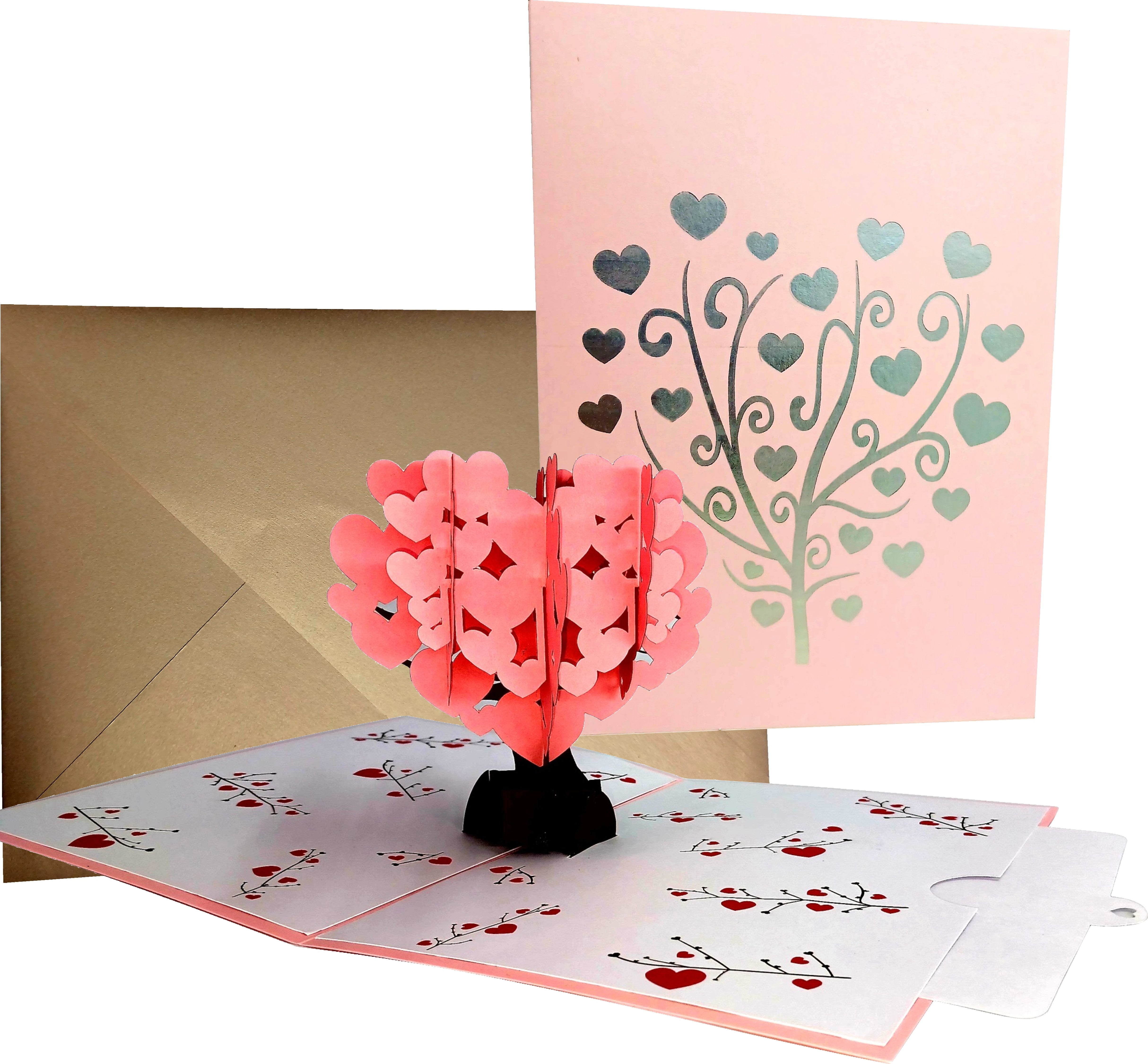 Pink Heart-Shaped Love Tree 3D Pop-Up Greetings Card