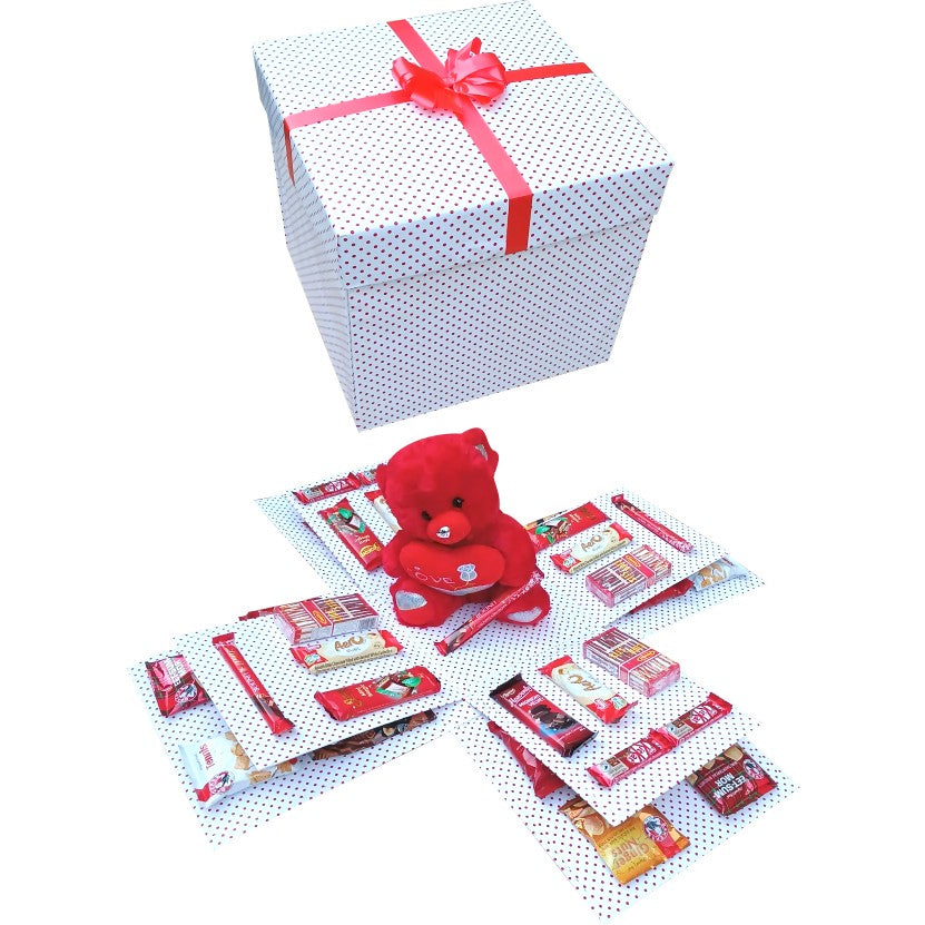 Red Charm | 2-layer Large Teddy & Snack Explosion Box | Gift Hamper