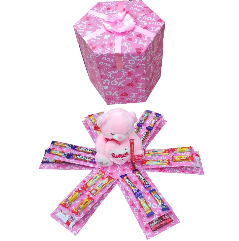 Pink Bliss | 2-layer Large Teddy & Snack Explosion Box | Pop-Up Gift Hamper