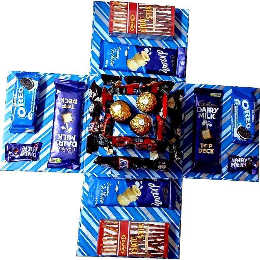 Blues and Bites | Chocolate & Snack 2-Layer Tower Explosion Box | Gift Hamper