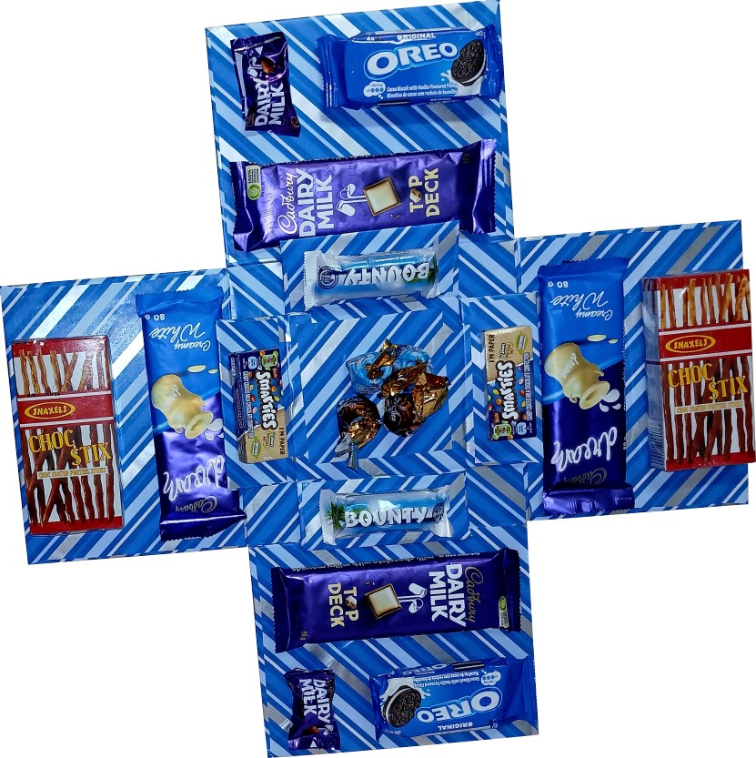 Blues and Bites Chocolate & Snack 2-Layer Tower Explosion Box | Pop-Up Gift Hamper