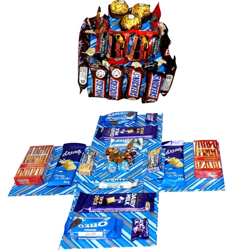Blues and Bites Chocolate & Snack 2-Layer Tower Explosion Box | Pop-Up Gift Hamper