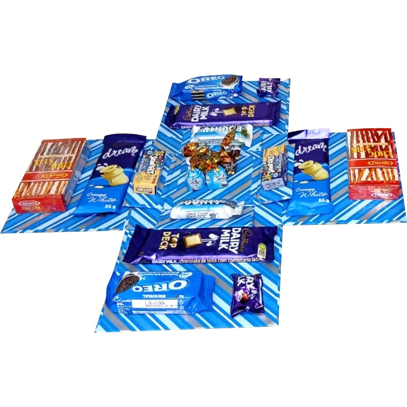 Blues and Bites | Chocolate & Snack 2-Layer Tower Explosion Box | Gift Hamper