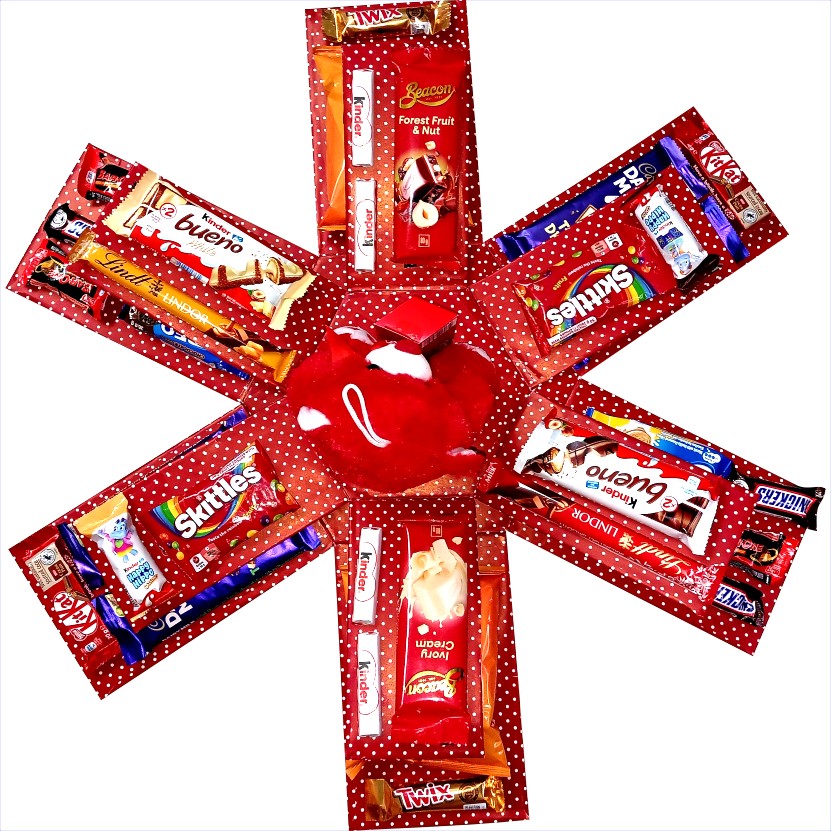 Red Beary Pop Chocolate, Snack & Teddy Explosion Box | Pop-Up Gift hamper