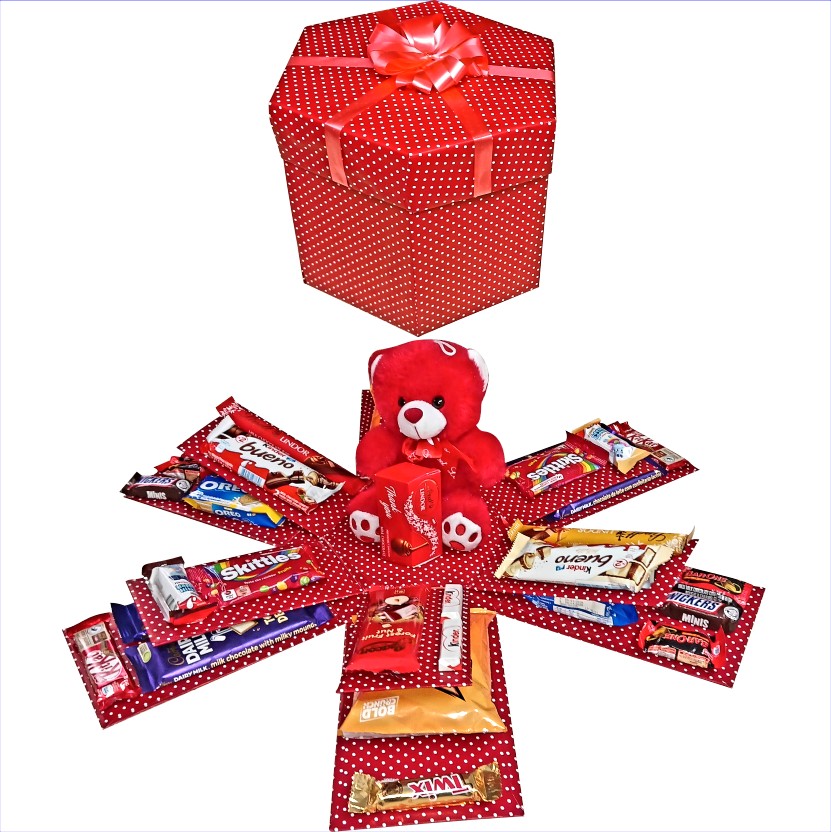 Red Beary Pop | 2-layer Chocolate, Snack & Teddy Explosion Box | Pop-Up Gift hamper