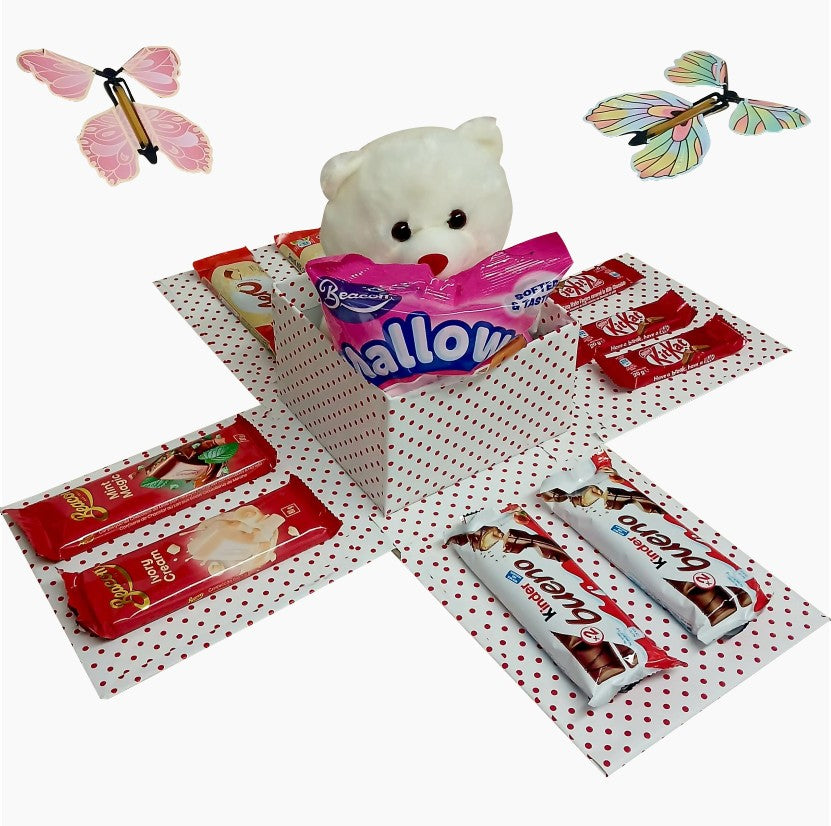 Ruby Reveal | Butterfly, Snack & Teddy Explosion Box |Gift Hamper