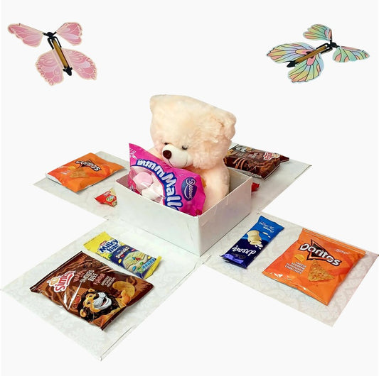 Elegant Reveal | Butterfly, Snack & Large Teddy Explosion Box |Gift Hamper