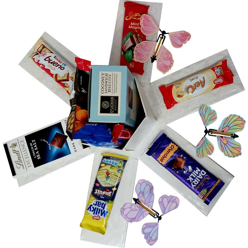 Elegant Flutter | Butterfly & Snack Explosion Box | Gift Hamper