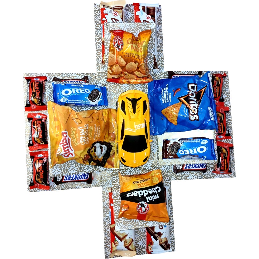 Vroom & Munch 2-layer toy and snack gift box | Pop-Up Gift Hamper