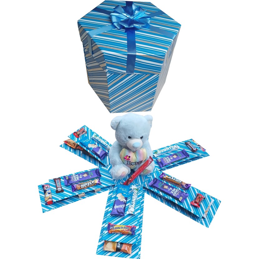 Blue Delight | Large Teddy 2-Layer Explosion Box | Gift Hamper