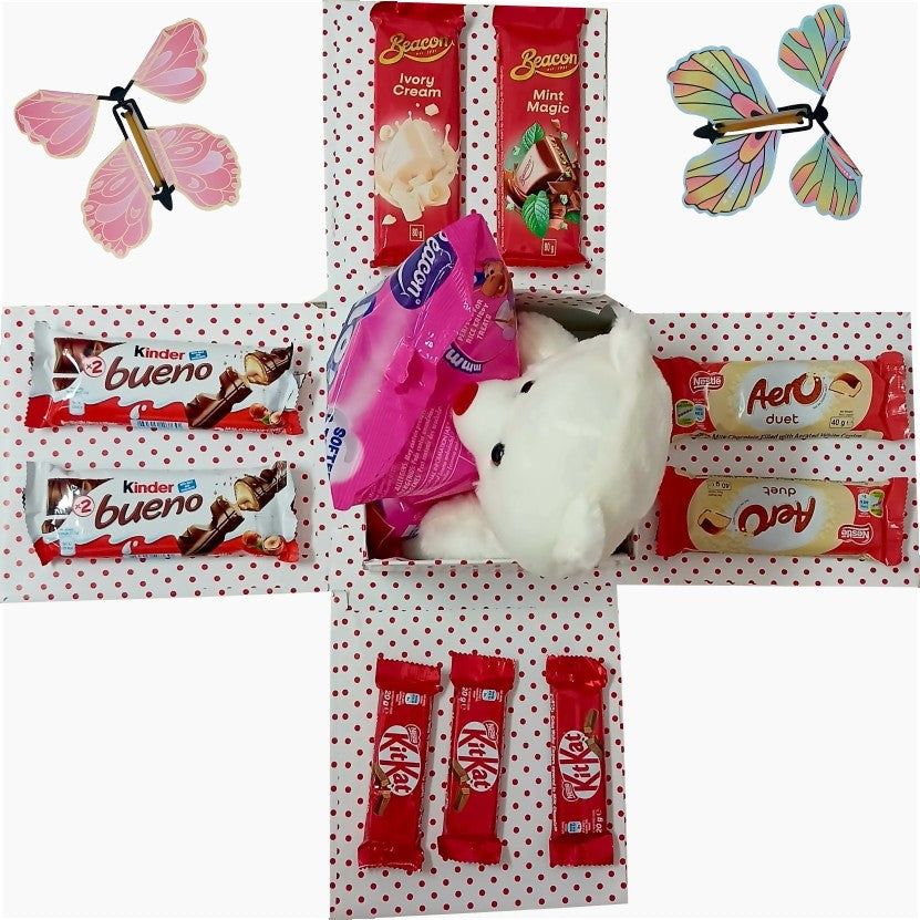 Ruby Reveal | Butterfly, Snack & Teddy Explosion Box |Gift Hamper