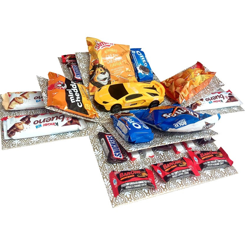 Vroom & Munch 2-layer toy and snack gift box | Pop-Up Gift Hamper