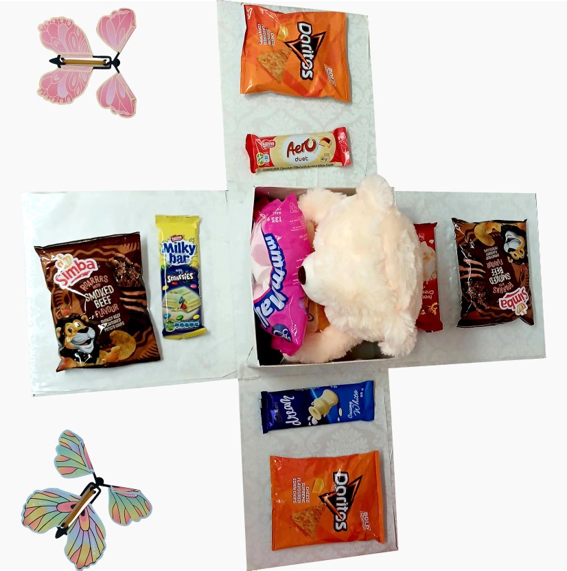 Elegant Reveal | Butterfly, Snack & Large Teddy Explosion Box |Gift Hamper