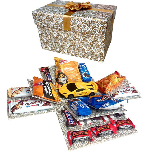 Vroom & Munch 2-layer toy and snack gift box | Pop-Up Gift Hamper